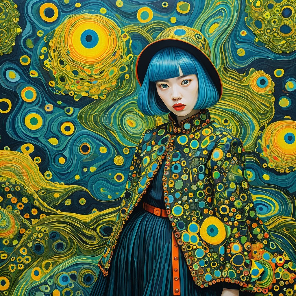 Young woman with blue hair in patterned coat against abstract background