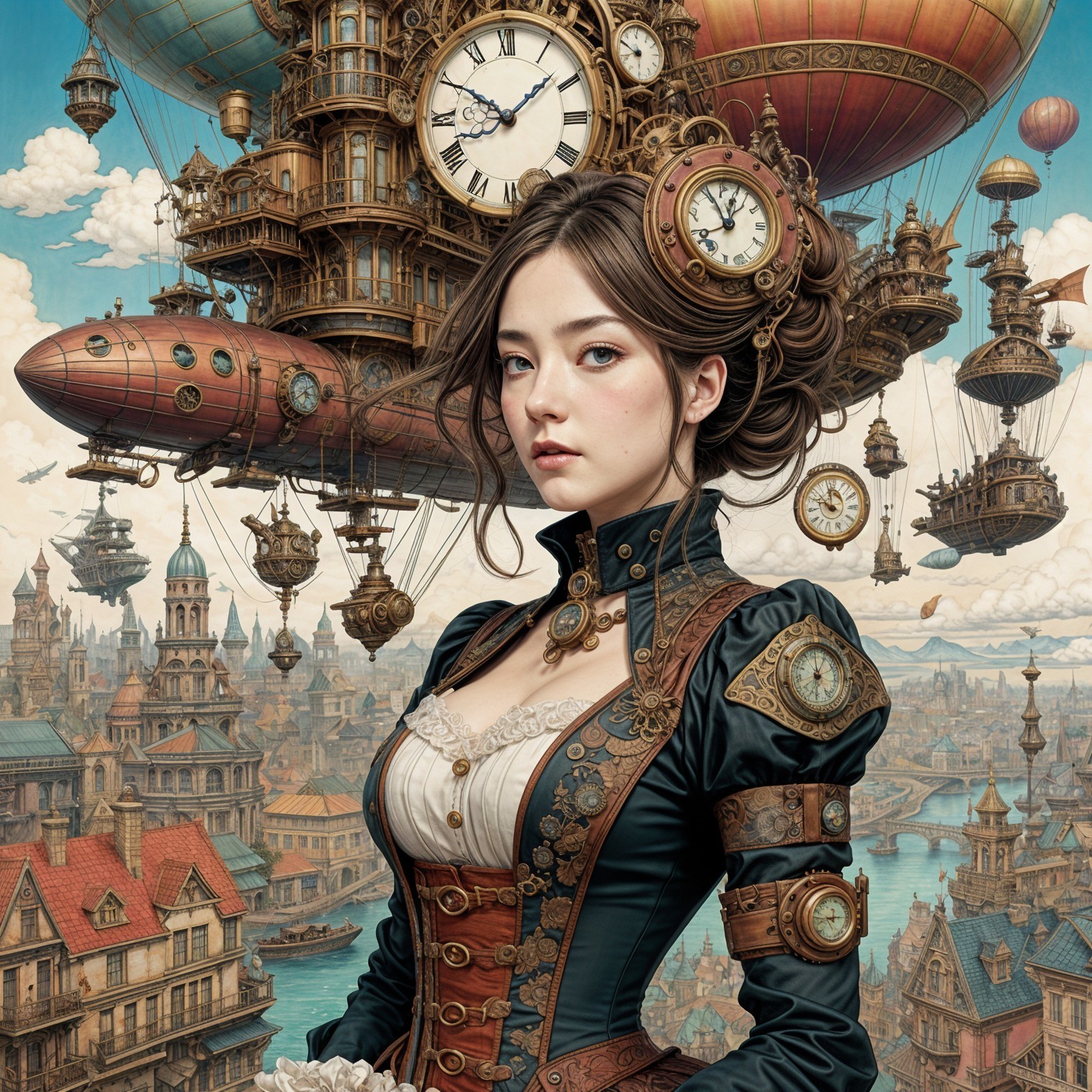 Young Woman in Elaborate Steampunk Outfit in Cityscape