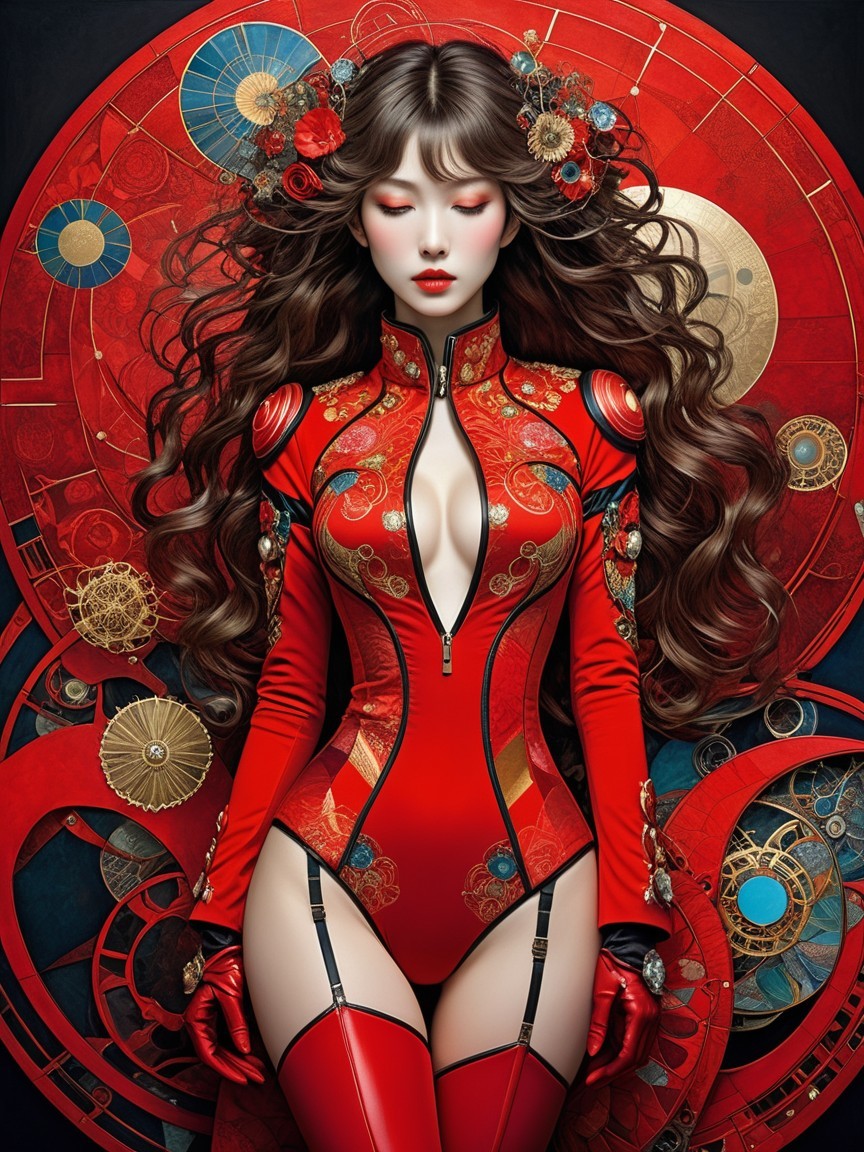Vibrant Character in Red Outfit with Floral Accents