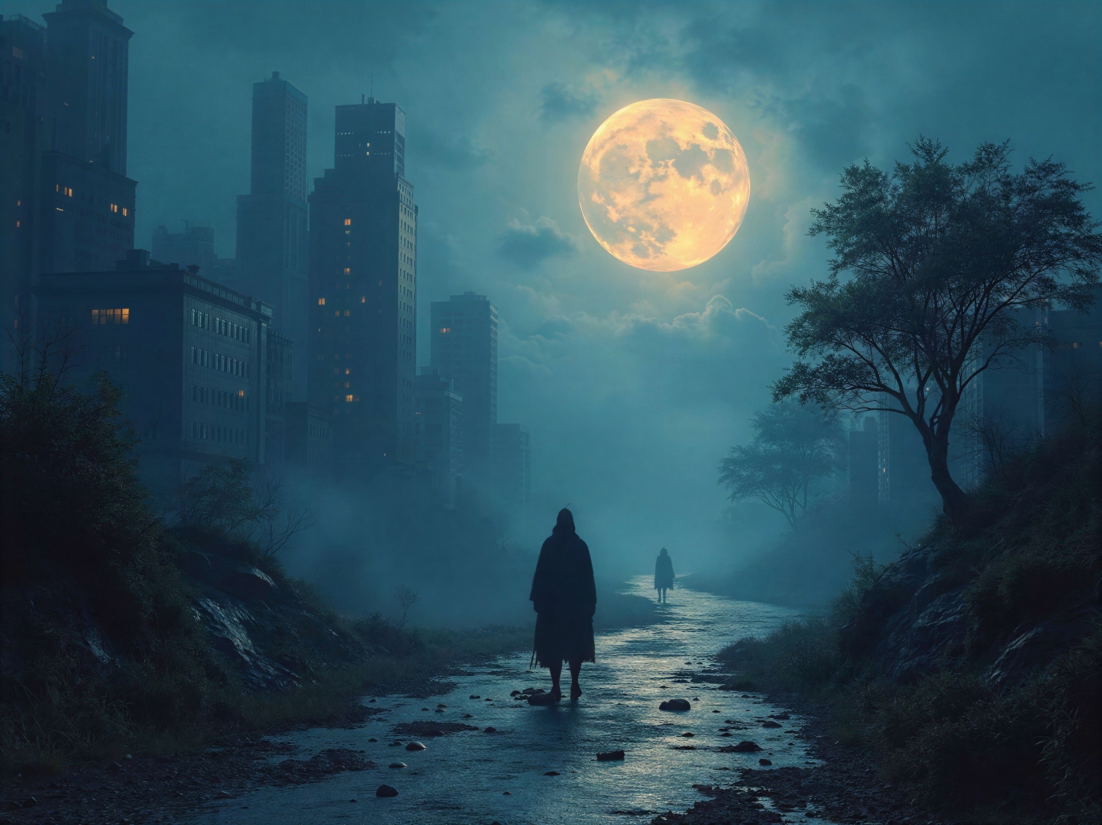 Figures in Hooded Cloaks on a Foggy Pathway