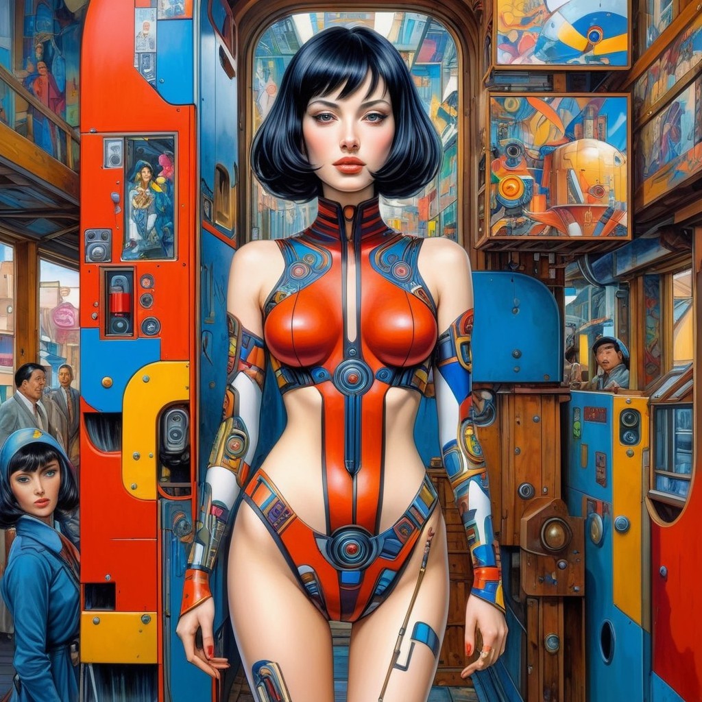 Futuristic Android in Colorful Retro Train Interior