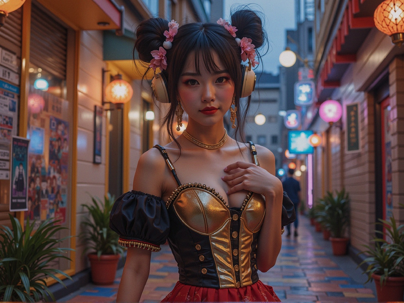 Young woman in vibrant alley with colorful lanterns