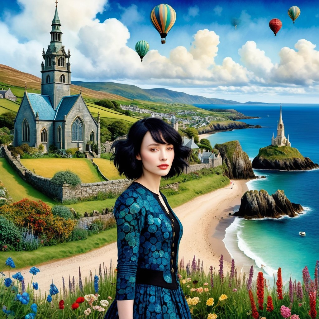 Vibrant Coastal Landscape with Hot Air Balloons