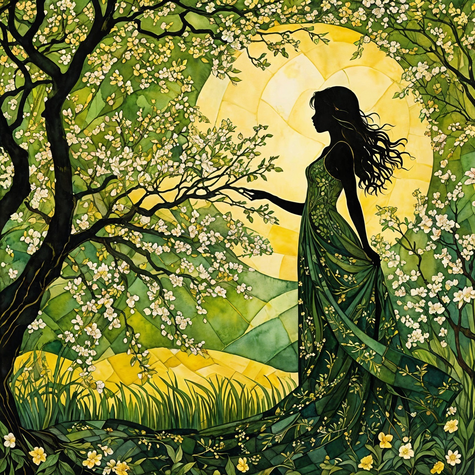 Silhouette of a woman under a blooming tree