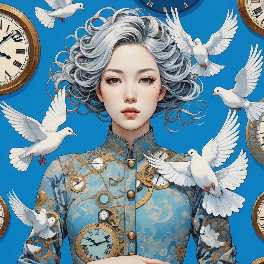 Silver-haired girl in blue garment with doves