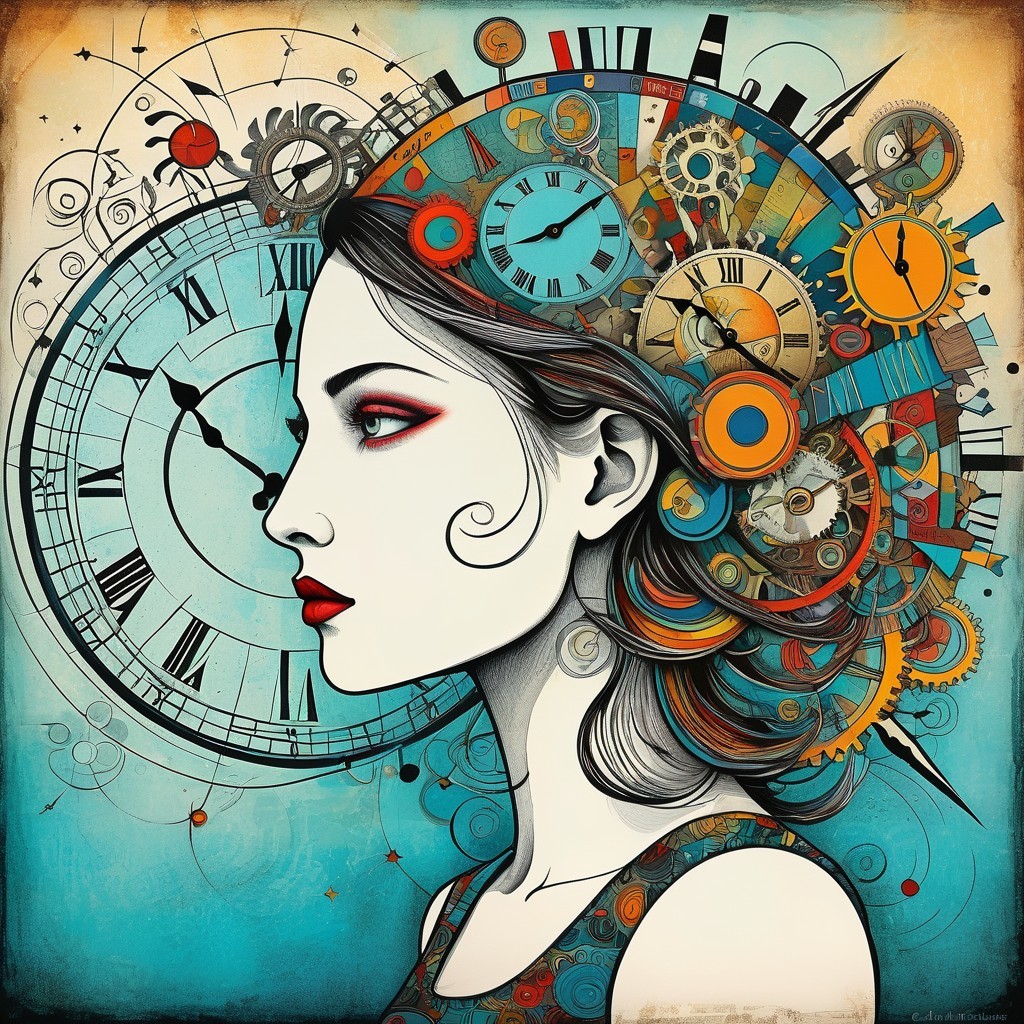 Profile of a Woman with Gears and Clock Elements