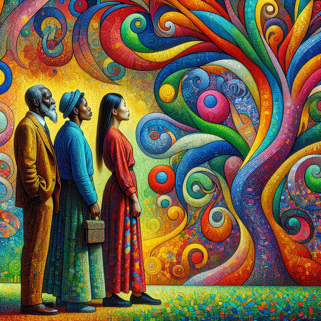 Colorful Scene with Figures and Abstract Tree Design