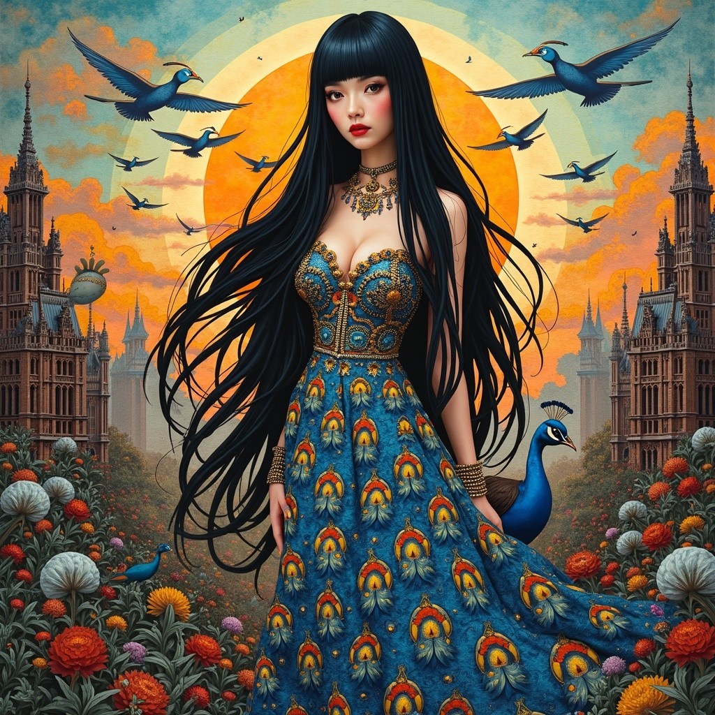 Woman in patterned dress with vibrant landscape backdrop