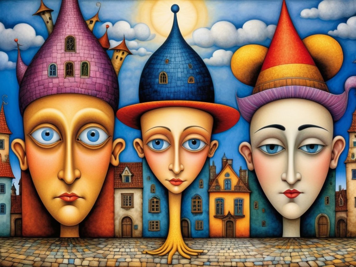 Surreal Figures with Oversized Heads and Hats