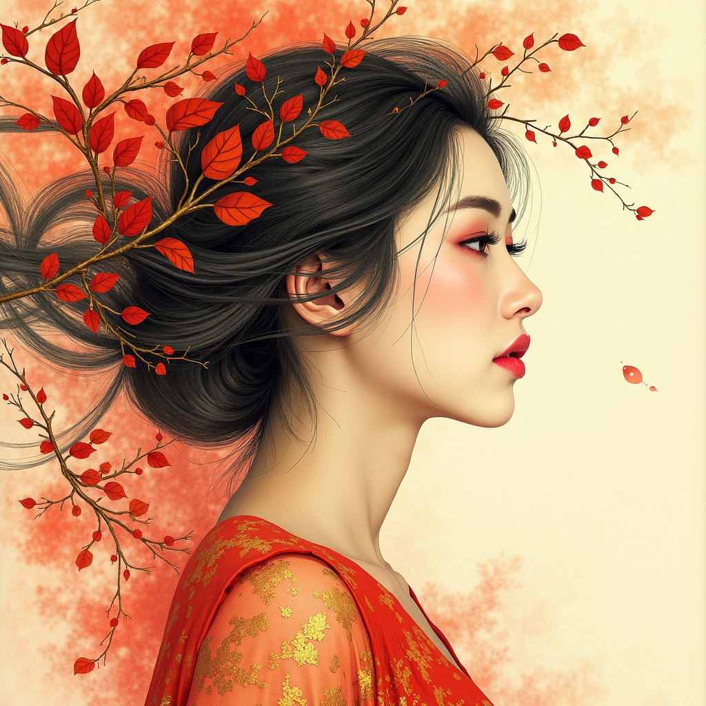 Elegant Woman Adorned with Autumn Leaves and Branches