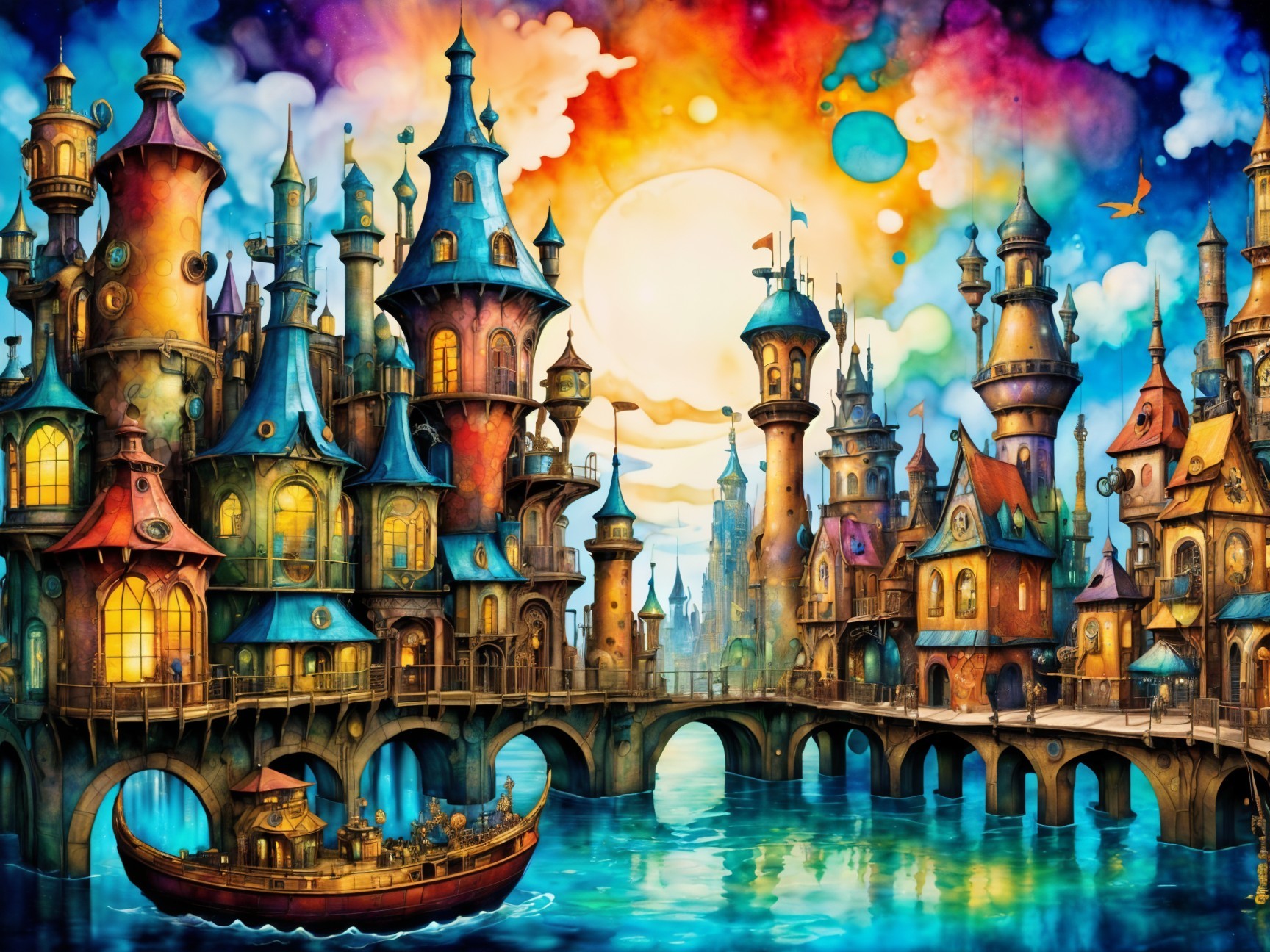 Vibrant Cityscape with Colorful Towers and Waterfront