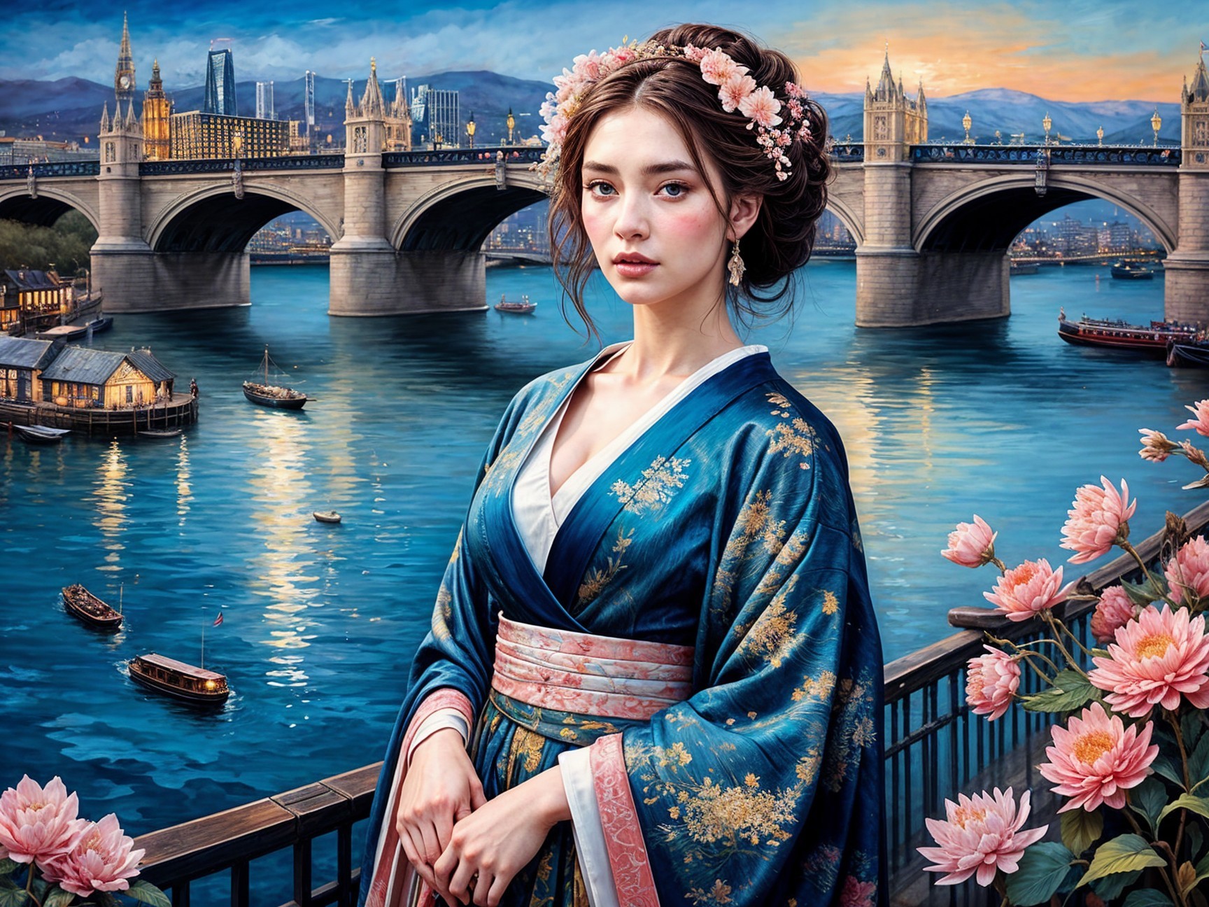 Young Woman in Blue Kimono by Riverside at Dusk