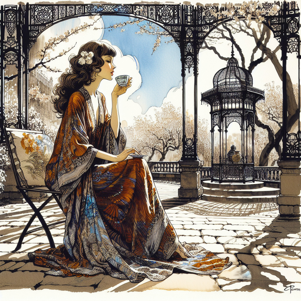 Woman in ornate kimono sipping tea in serene gazebo