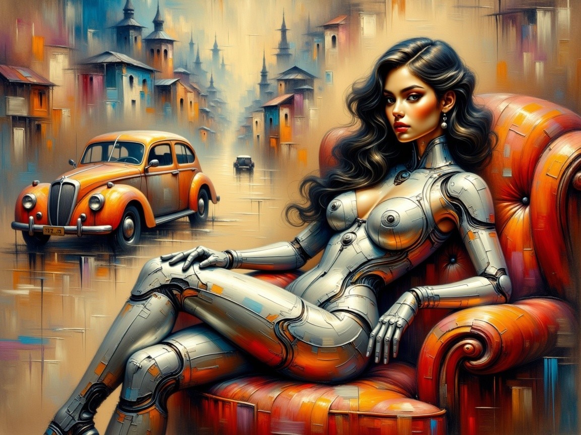 Futuristic Robot Woman in Vintage Armchair Setting
