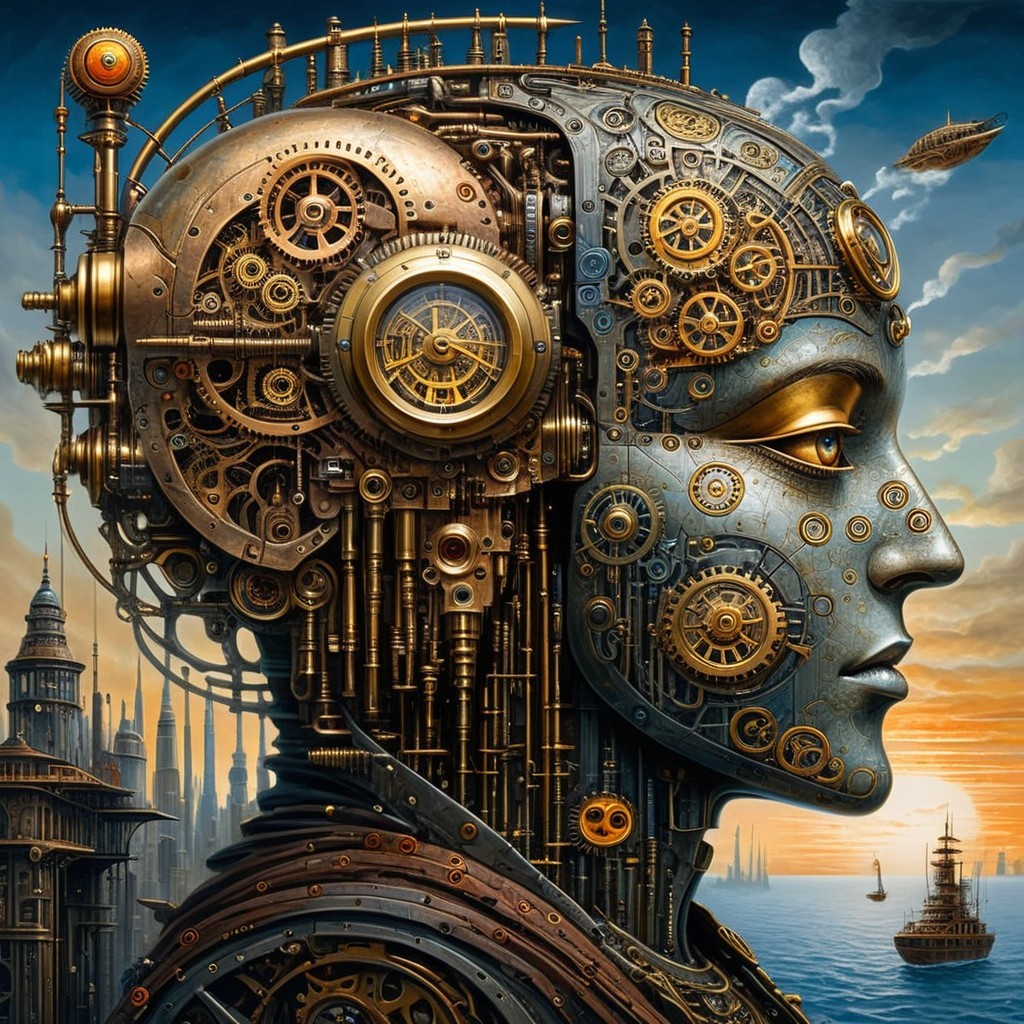 Steampunk Robot with Mechanical Features and Landscape