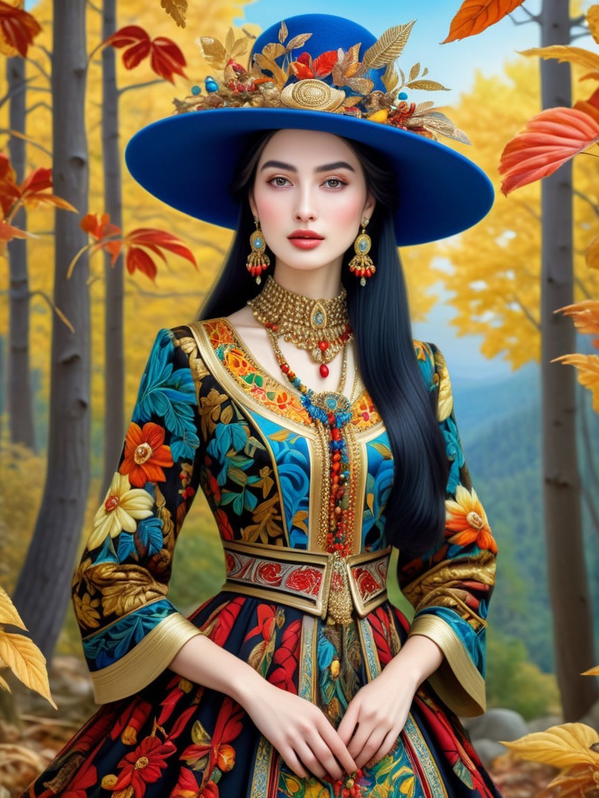Young Woman in Floral Dress Among Autumn Foliage