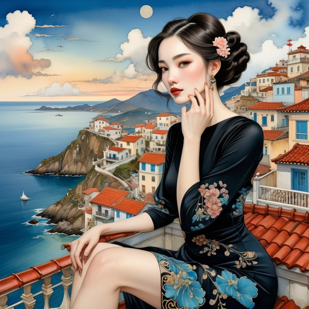 Coastal Scene with Woman in Traditional Floral Dress