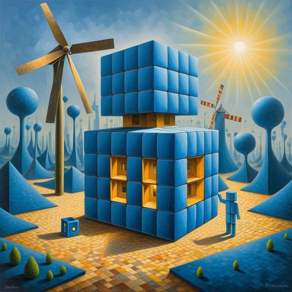 Surreal Landscape with Blue Cube and Whimsical Elements