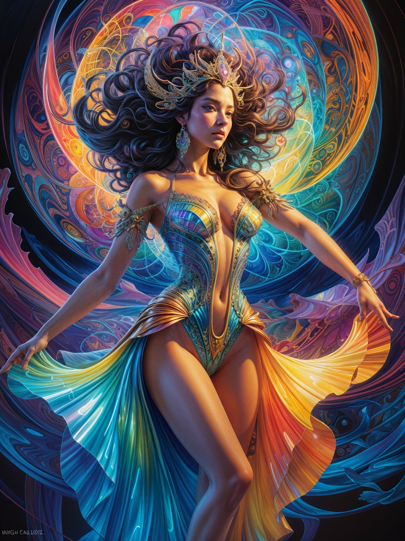 Vibrant Woman in Flowing Gown with Intricate Colors