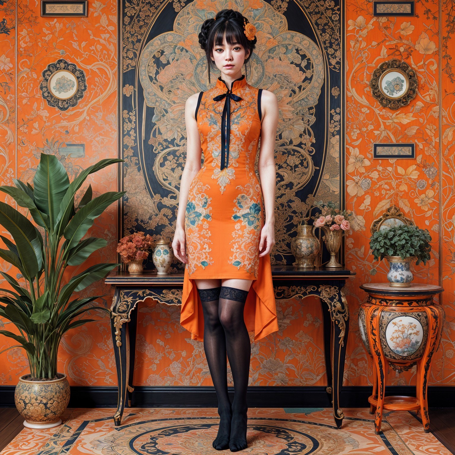 Elegant Woman in Floral Dress with Vintage Decor