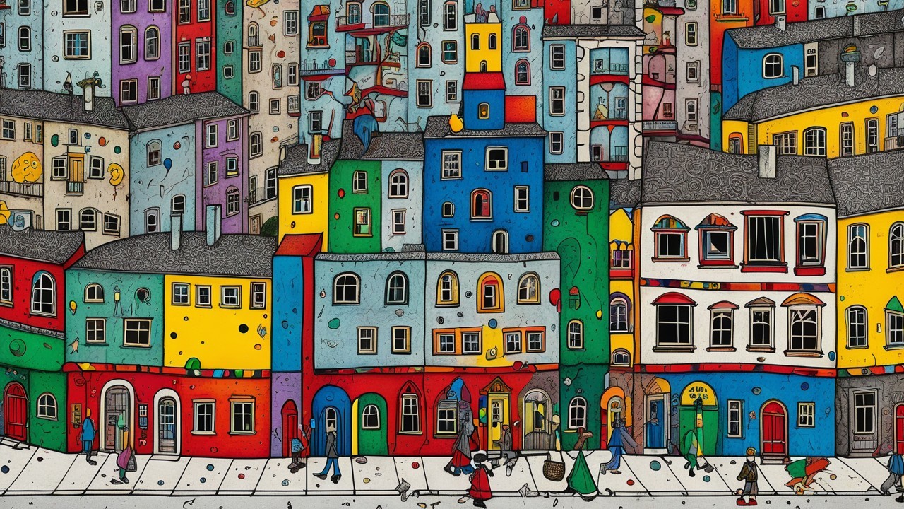 Colorful Cityscape Illustration with Quirky Buildings