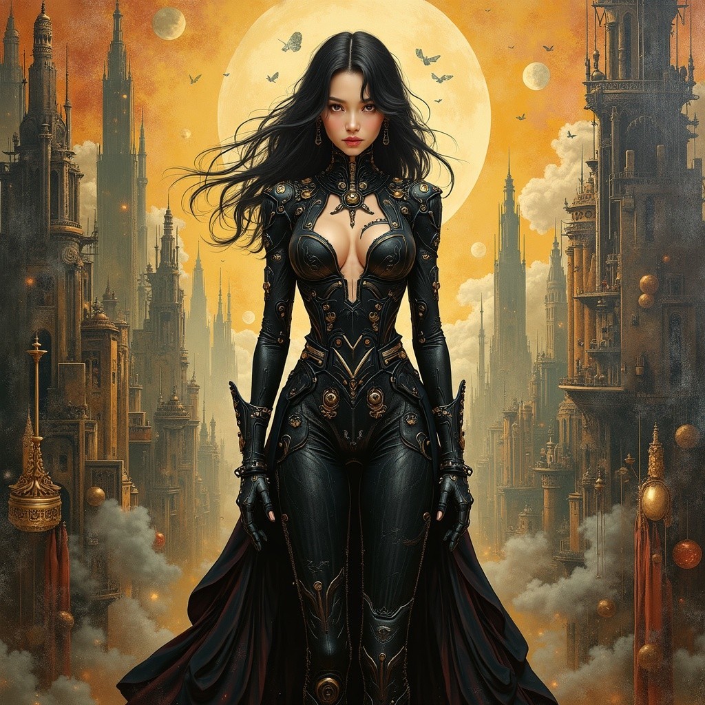 Futuristic Woman in Dramatic Cityscape Scene