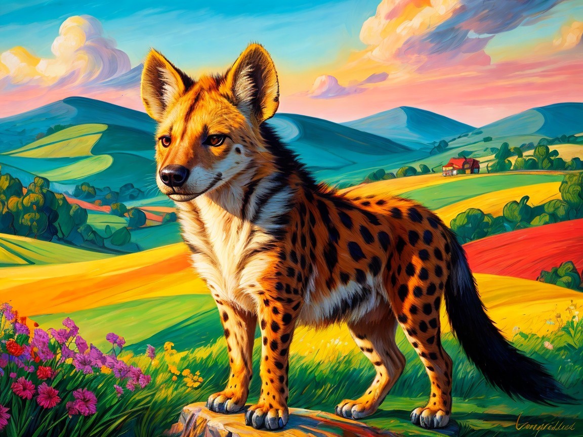 Vibrant Hyena-like Creature in Colorful Landscape