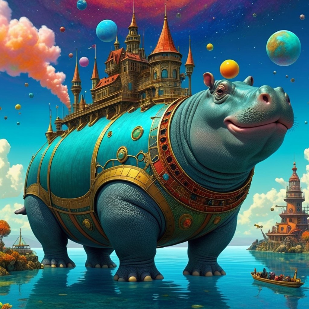 Vibrant Blue Hippopotamus as a Floating Castle Scene