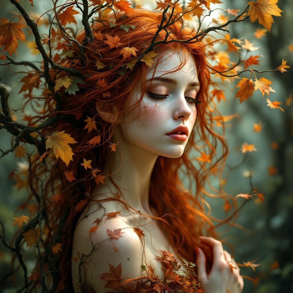 Young Woman with Red Hair in Misty Autumn Forest