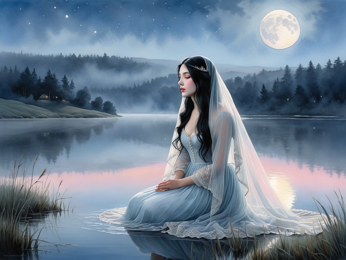 Young Woman in Blue Gown by Calm Lake at Night