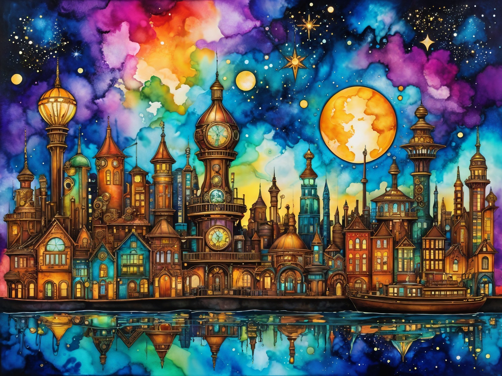 Vibrant Cityscape Under Cosmic Sky with Reflective Water