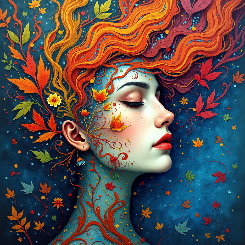 Stylized profile of a woman with orange hair and leaves