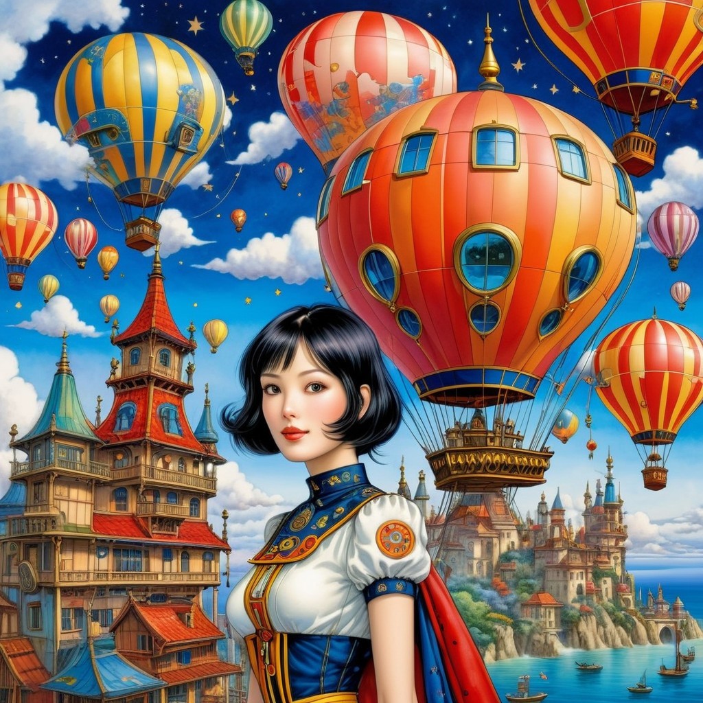Whimsical Scene with Young Woman and Hot Air Balloons