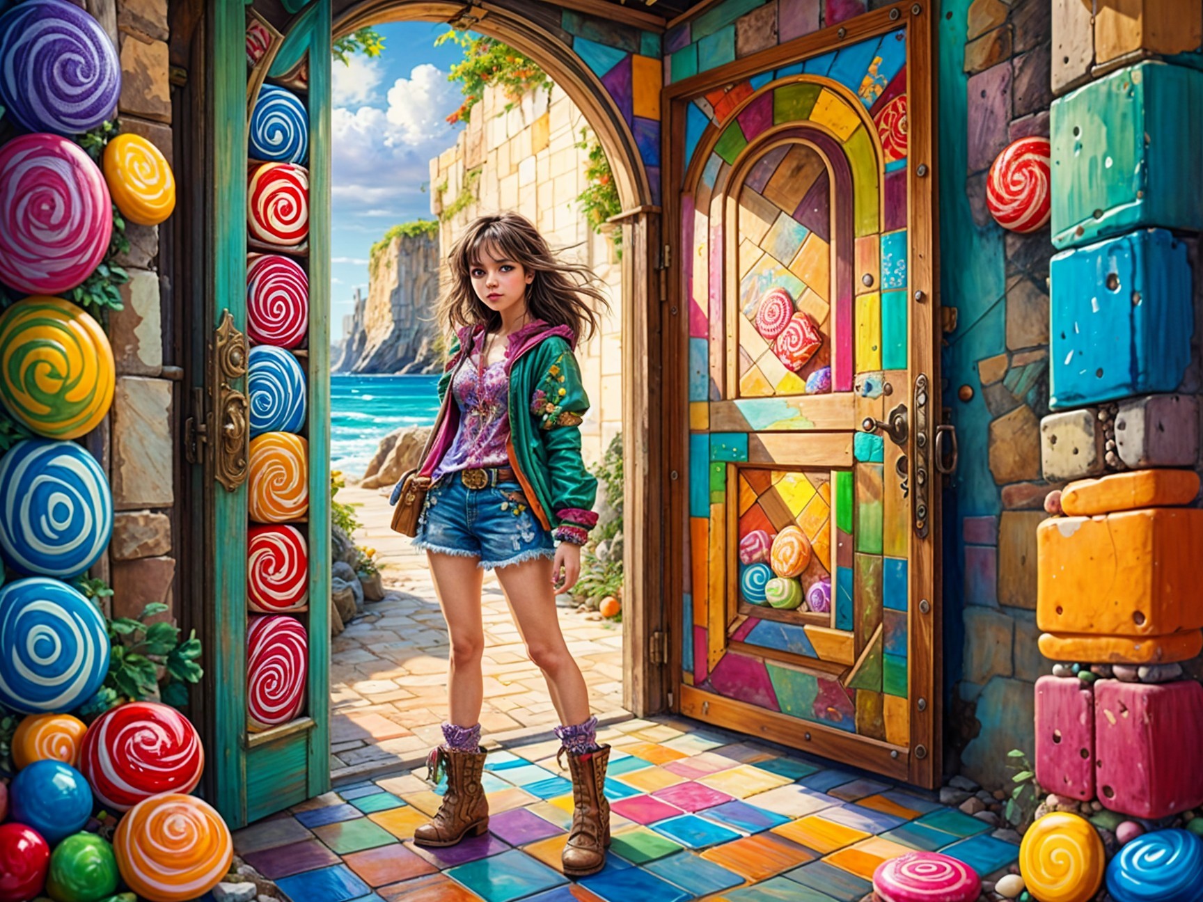Young girl at vibrant candy-themed doorway with ocean view