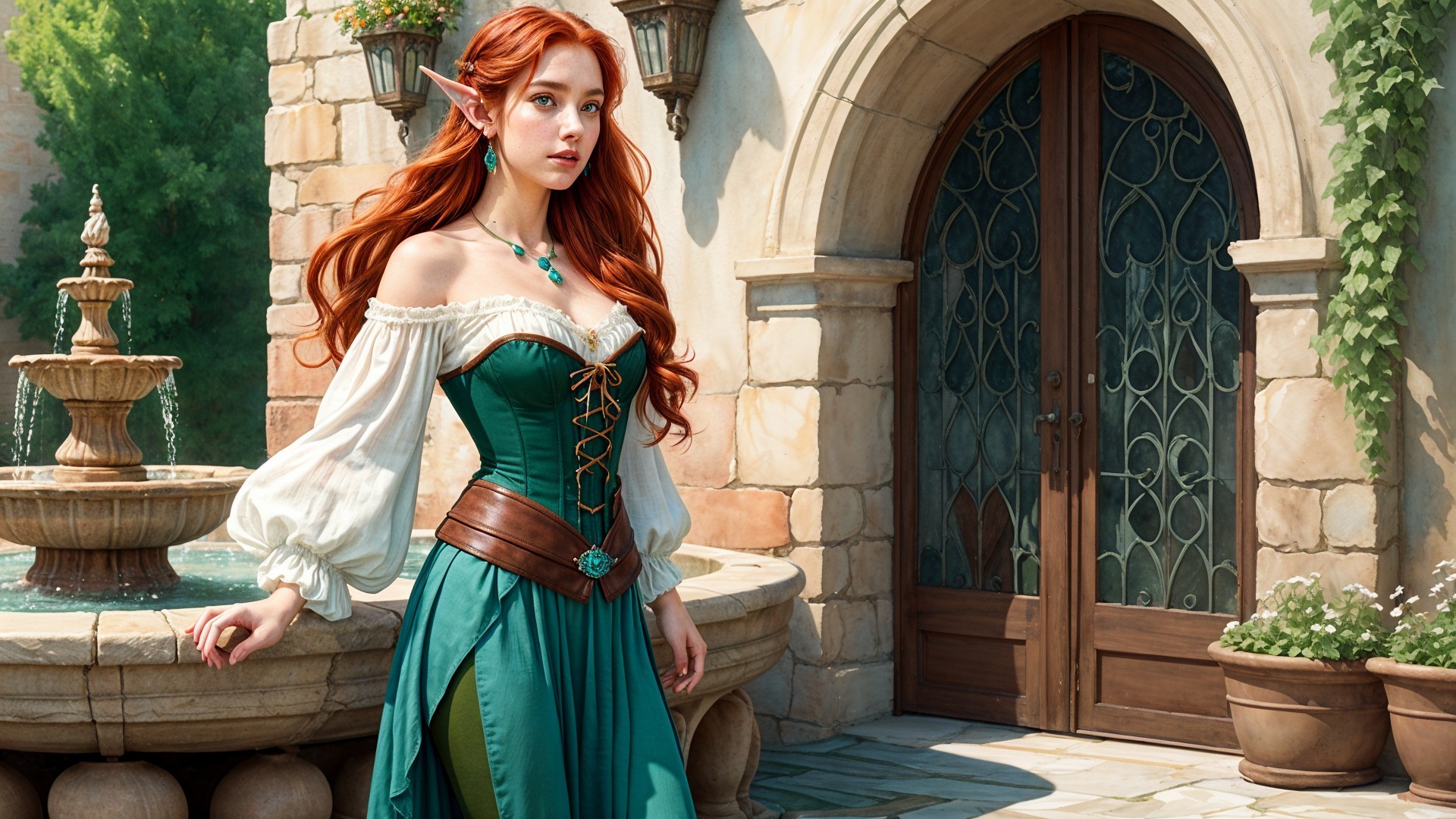 Young woman in green gown by stone fountain