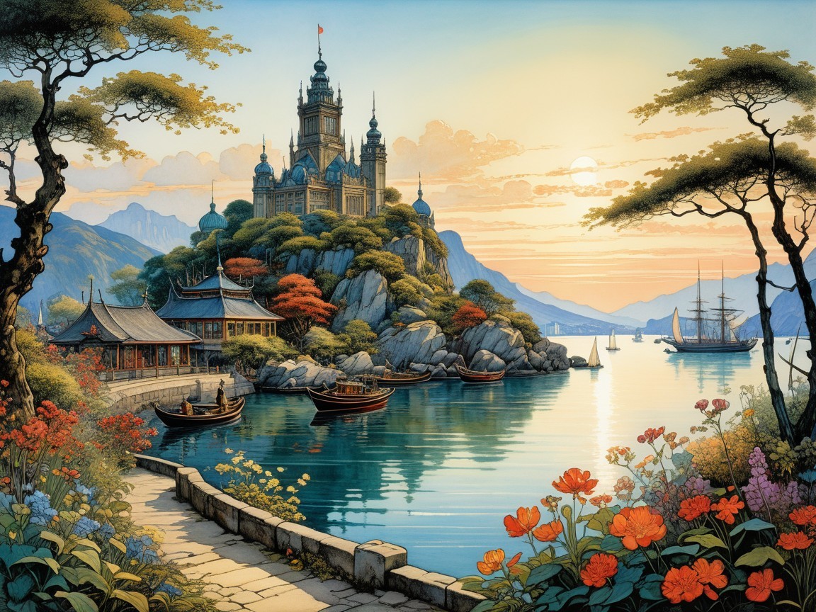 Majestic castle on rocky island in tranquil landscape