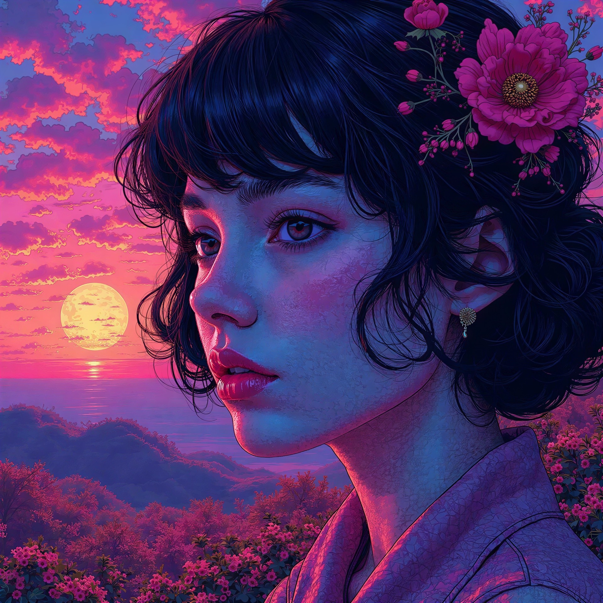 Close-up portrait of a woman with floral hair adornment