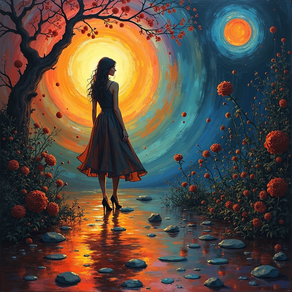 Silhouette of a Woman by a Colorful Waterway