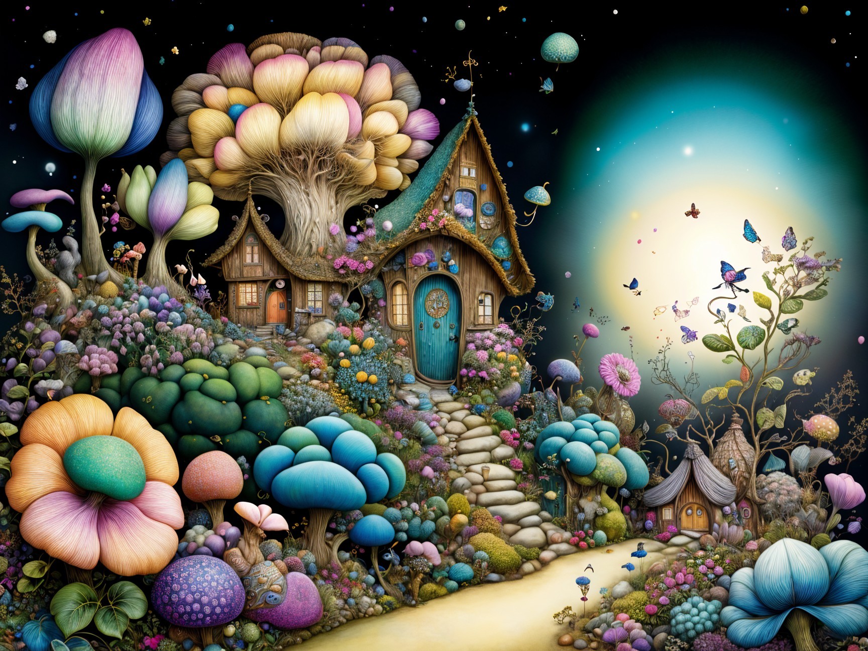 Whimsical Landscape with Colorful Mushrooms and Flora