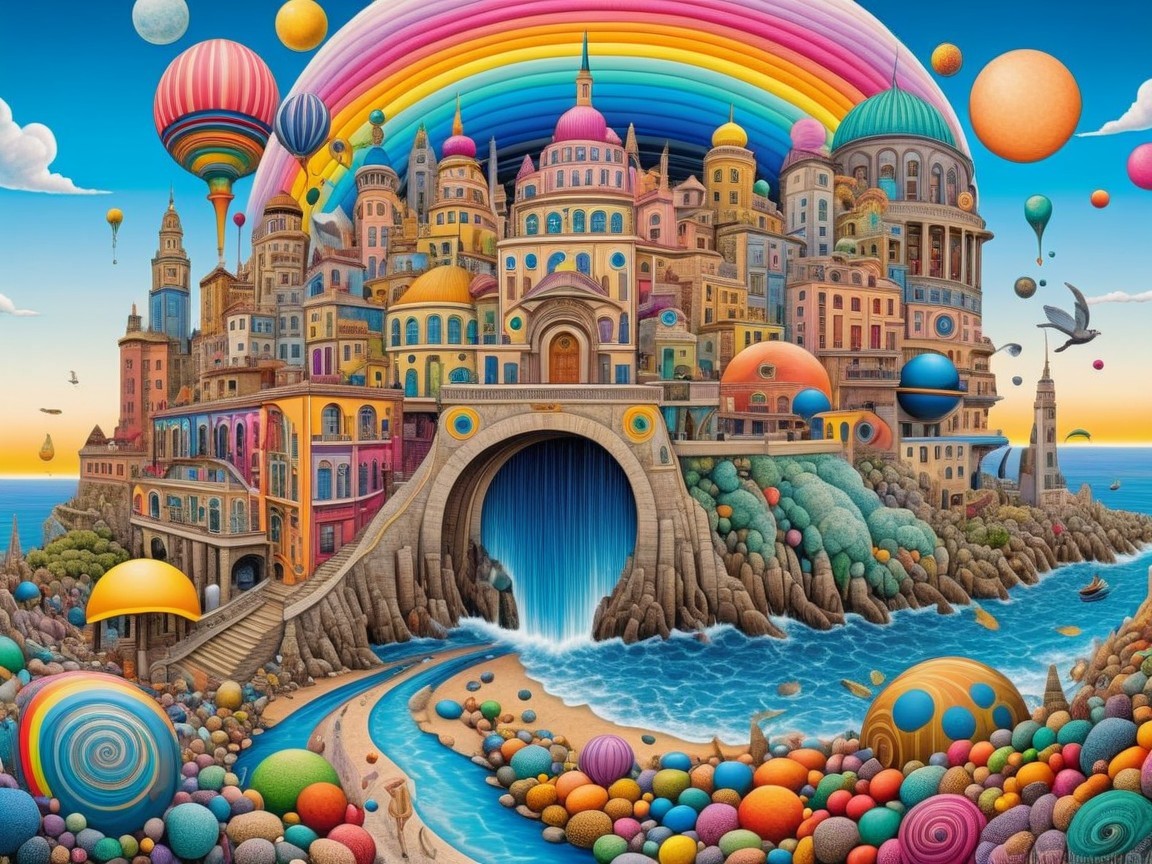 Whimsical Seaside City with Colorful Skyline and Waterfall