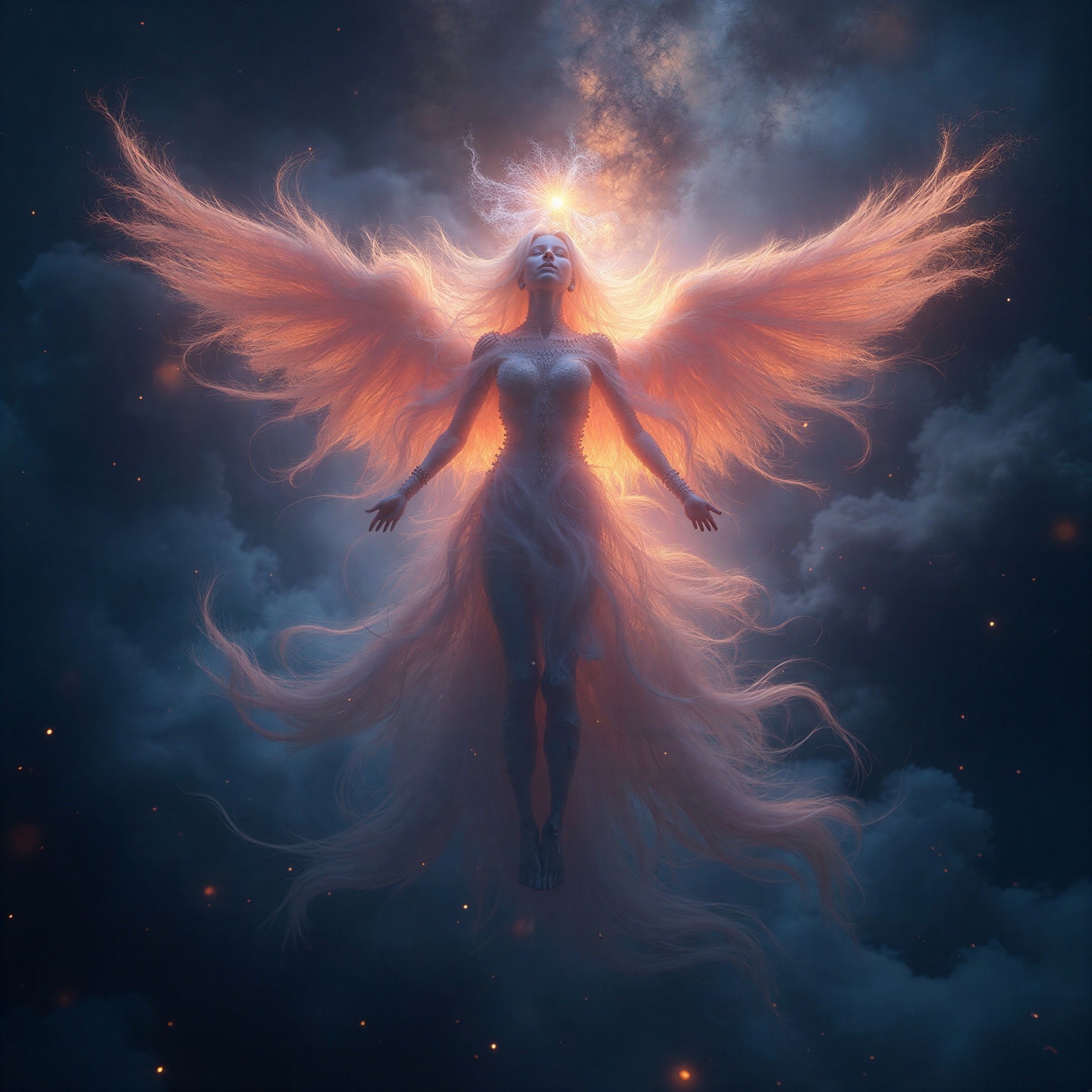 Ethereal angel in a mystical night sky with wings