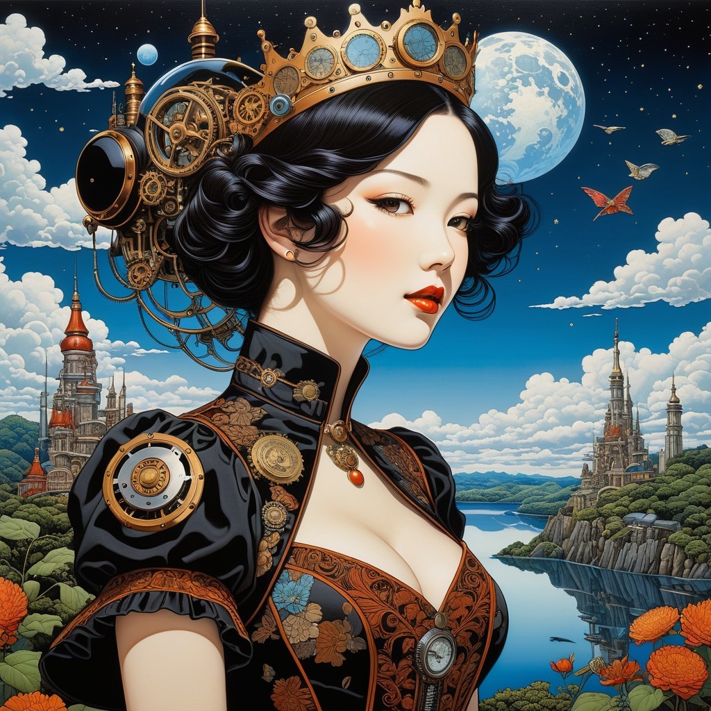 Regal Figure in Black Gown Against Vibrant Landscape