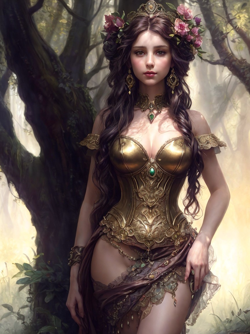 Young woman in fantasy attire by a sunset forest tree