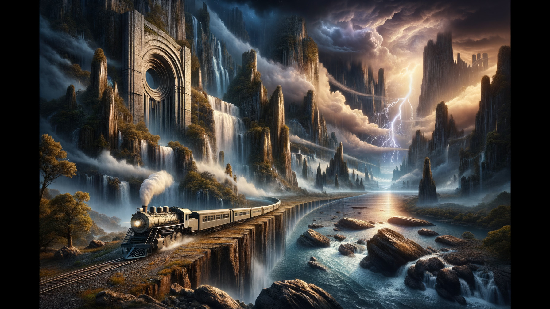 Vintage Steam Train Over Bridge with Waterfalls and Ruins