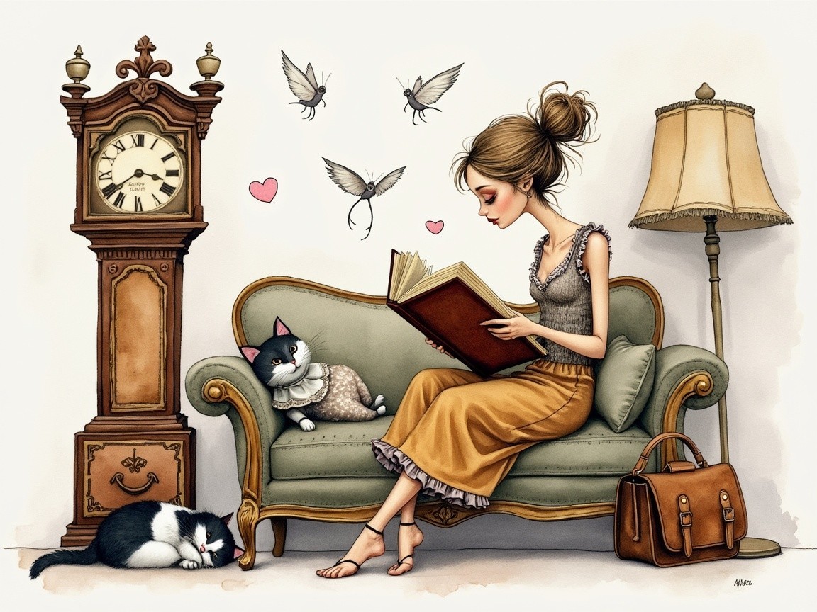 Cozy Scene with a Woman Reading on a Green Sofa