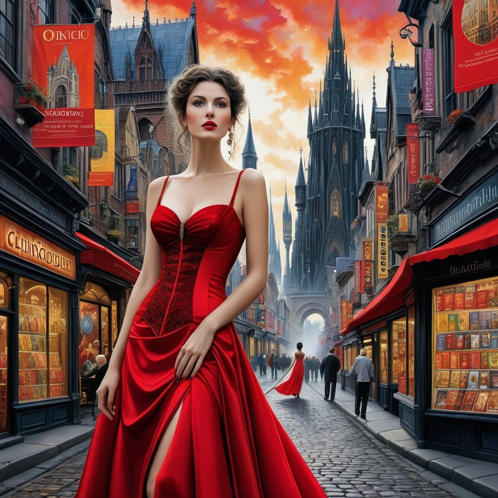 Elegant Woman in Red Dress on Cobblestone Street