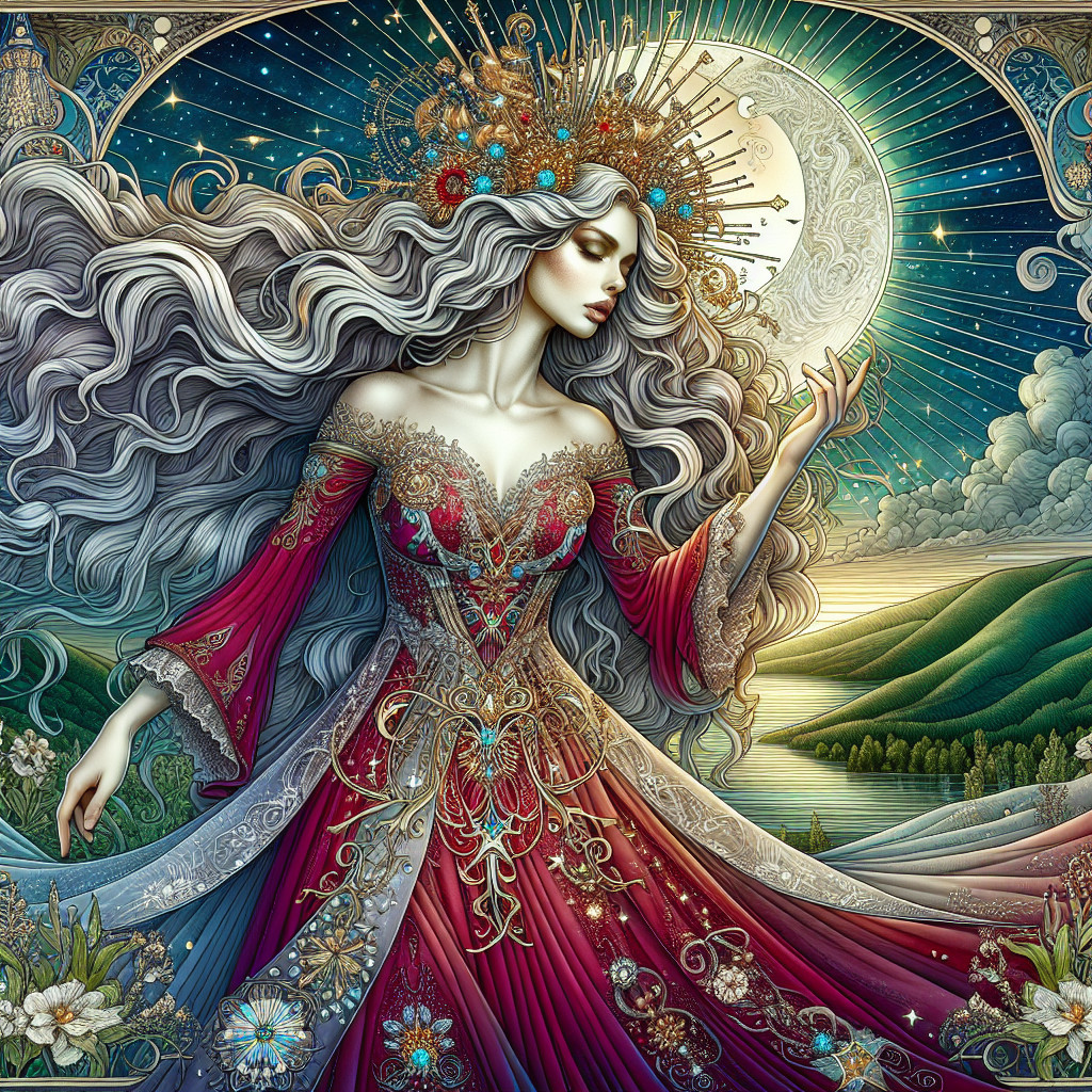 Mystical Woman in Red Gown with Silver Hair and Moon