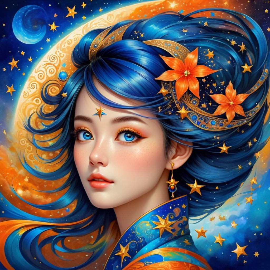 Portrait of a Woman with Blue Hair and Cosmic Background