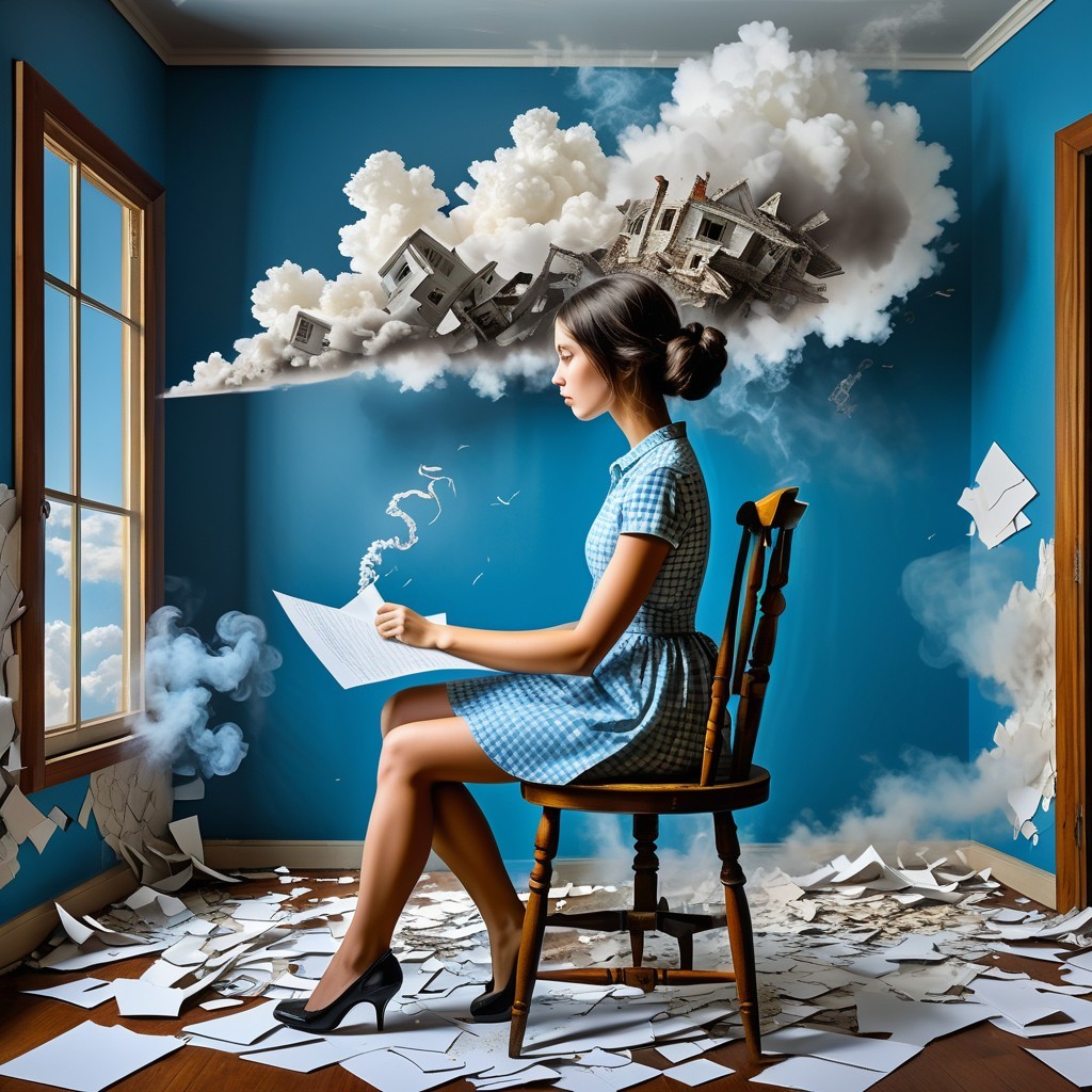 Young woman in blue dress amidst scattered papers and clouds