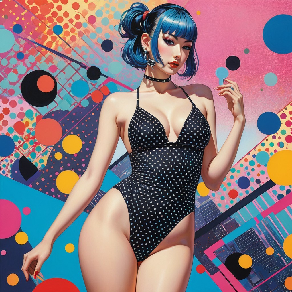 Vibrant Portrait of Woman in Polka-Dot Swimsuit
